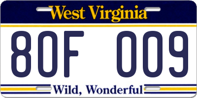 WV license plate 8OF009