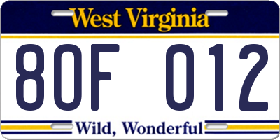 WV license plate 8OF012