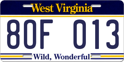 WV license plate 8OF013
