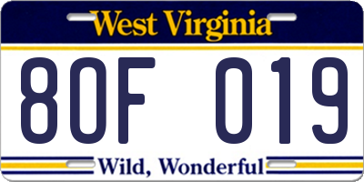 WV license plate 8OF019