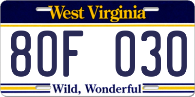 WV license plate 8OF030