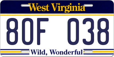 WV license plate 8OF038