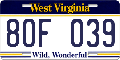 WV license plate 8OF039