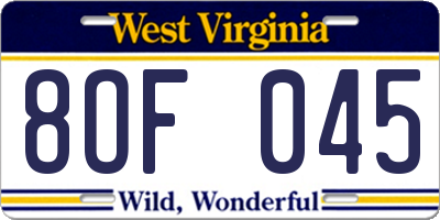 WV license plate 8OF045