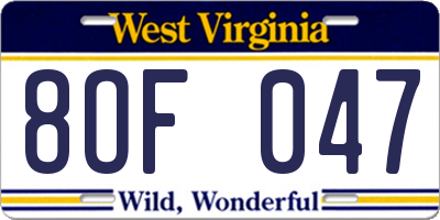 WV license plate 8OF047