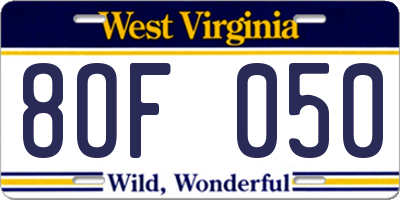 WV license plate 8OF050