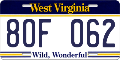 WV license plate 8OF062