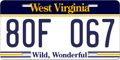 WV license plate 8OF067