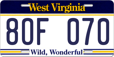 WV license plate 8OF070