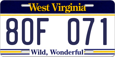 WV license plate 8OF071