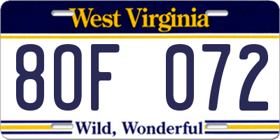 WV license plate 8OF072