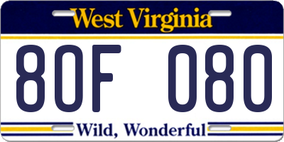 WV license plate 8OF080