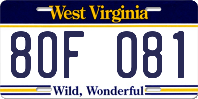 WV license plate 8OF081