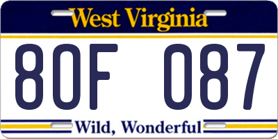 WV license plate 8OF087