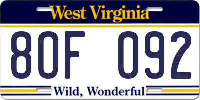 WV license plate 8OF092