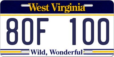 WV license plate 8OF100