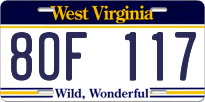 WV license plate 8OF117