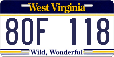 WV license plate 8OF118