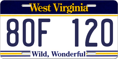 WV license plate 8OF120