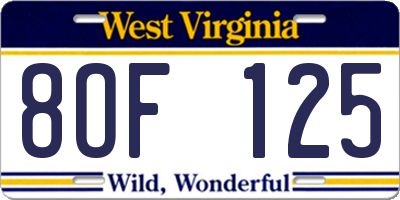 WV license plate 8OF125