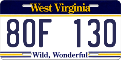 WV license plate 8OF130