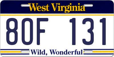 WV license plate 8OF131