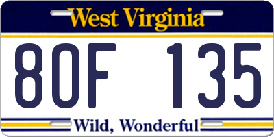 WV license plate 8OF135