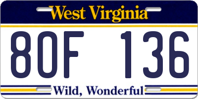 WV license plate 8OF136