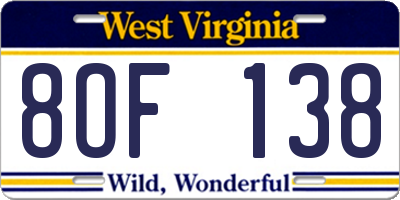 WV license plate 8OF138