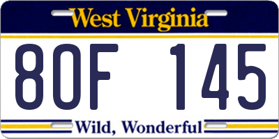 WV license plate 8OF145