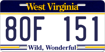 WV license plate 8OF151