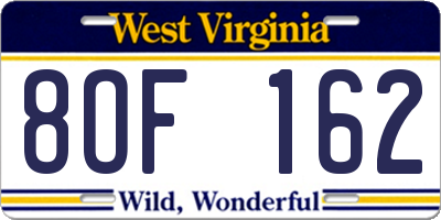 WV license plate 8OF162