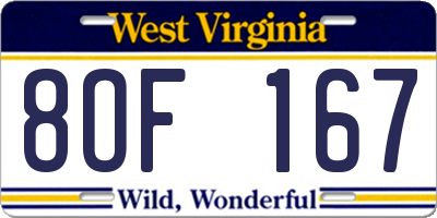 WV license plate 8OF167