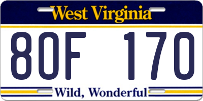 WV license plate 8OF170