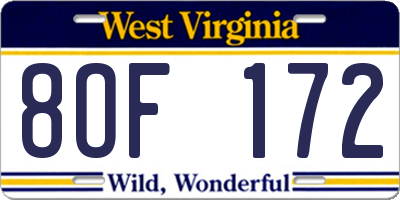 WV license plate 8OF172