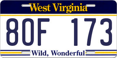 WV license plate 8OF173
