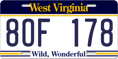 WV license plate 8OF178