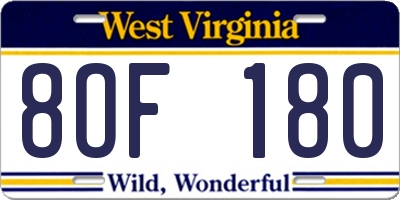 WV license plate 8OF180