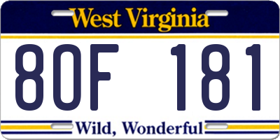 WV license plate 8OF181