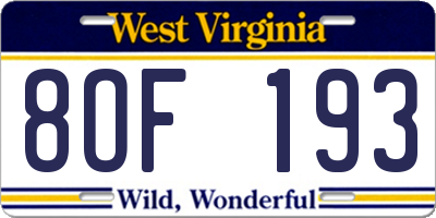 WV license plate 8OF193