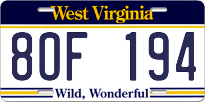 WV license plate 8OF194