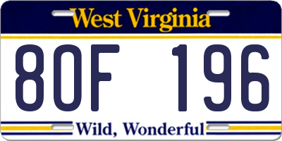 WV license plate 8OF196