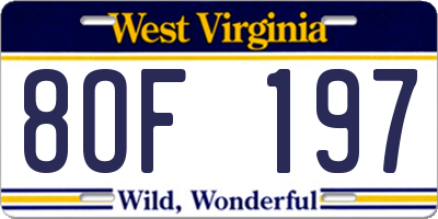 WV license plate 8OF197