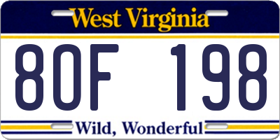 WV license plate 8OF198