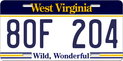 WV license plate 8OF204