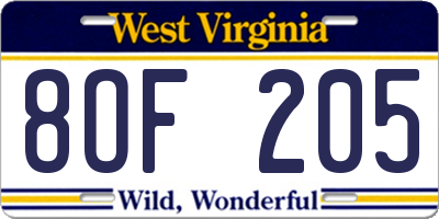 WV license plate 8OF205