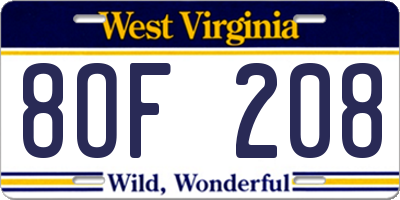 WV license plate 8OF208