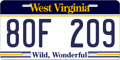 WV license plate 8OF209
