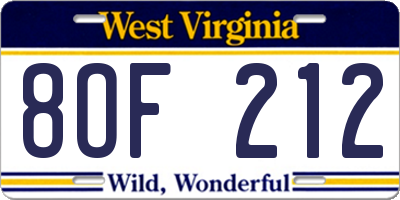 WV license plate 8OF212