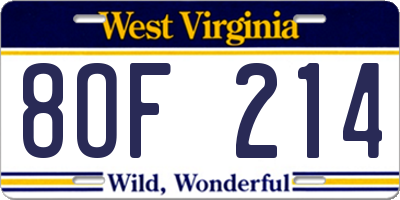 WV license plate 8OF214